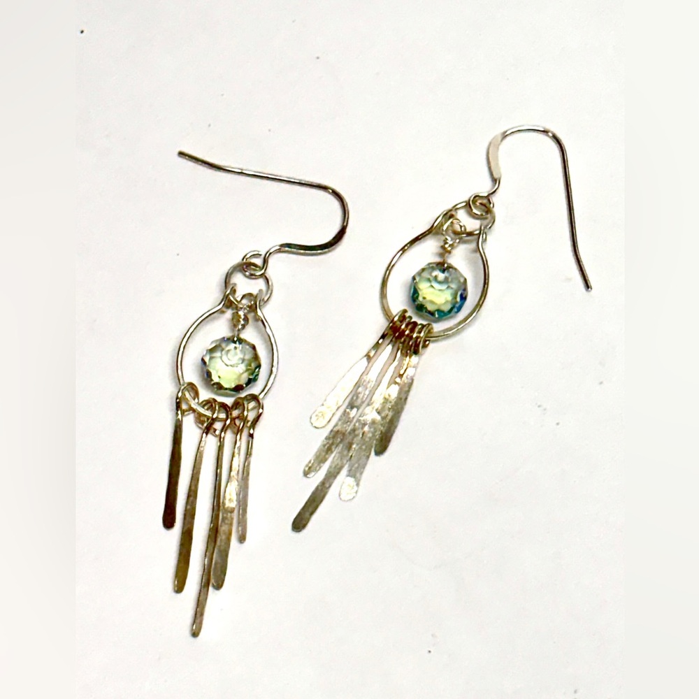 HAND CRAFTED Sterling Silver and Faceted Iridescent Glass Chandelier Earrings